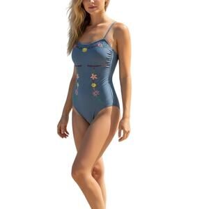 RAD Blue Floral Embroidered One Piece Swimsuit Women’s Size Small